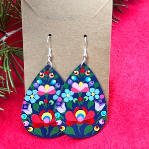 Hand Painted Hungarian Matyo Folk Art On Wood Earrings