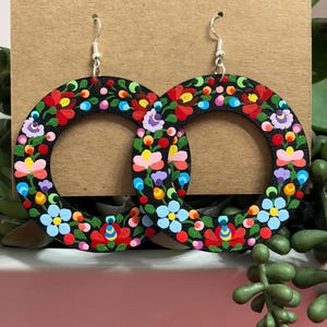 Hand Painted Hungarian Folk Art Matyo Design Wood Earrings