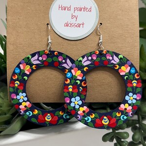 Hand Painted Hungarian Folk Art Matyo Design Wood Earrings