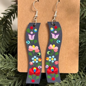 Hand Painted Hungarian Folk Art Wooden Earrings Blue Grey Color