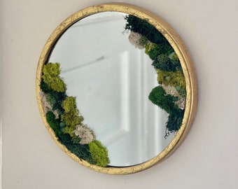 Mirror Moss Art, Moss Wall Mirror, Gold Round Mirror, Cottagecore, Plant Mirror, Mirror Decor, Moss Wall Art, Custom Art, Fairycore Mirror