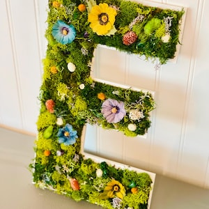 Letras de arte de musgo, letras de madeira, arte de flores selvagens, monograma de berçário, arte de parede de musgo, detalhes de flores selvagens, arte de parede CottageCore, decoração FairyCore