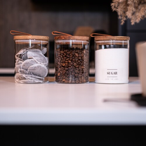 Tea Coffee Sugar Glass Jar Set With Pull Tab Wooden Lid Etsy UK