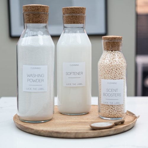 White Label Collection Laundry Set Glass Jars With Bamboo Etsy