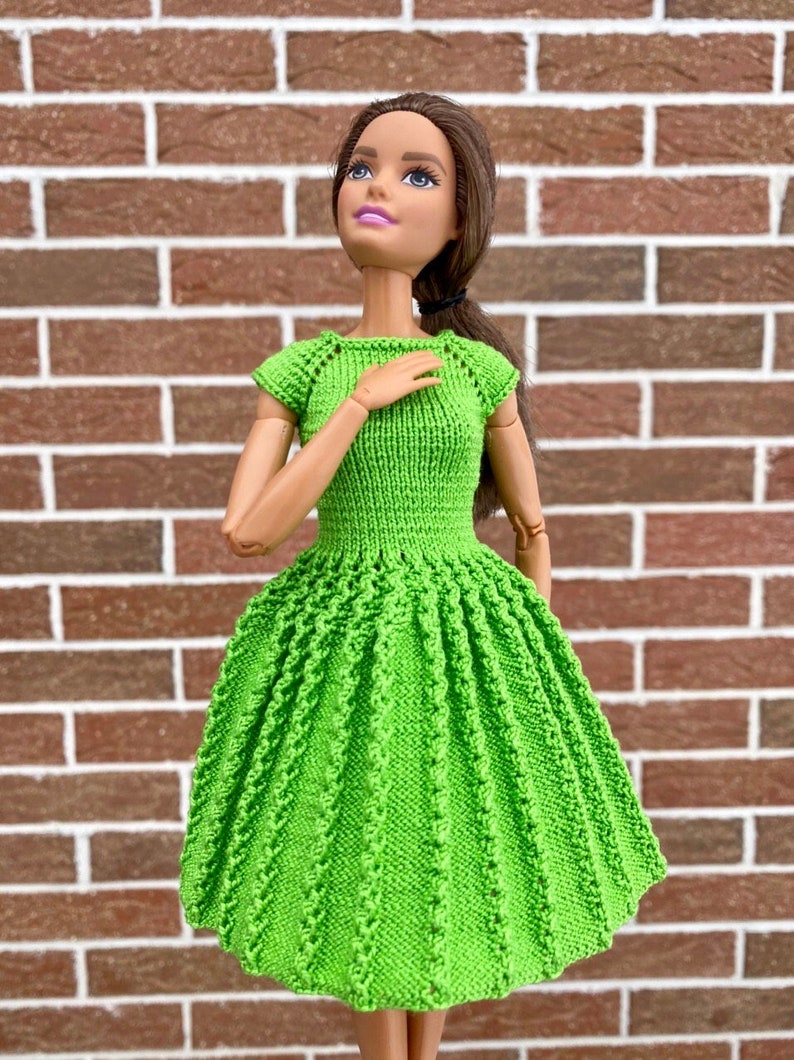 Green knitted cotton dress for Barbie doll. Summer dress for Etsy