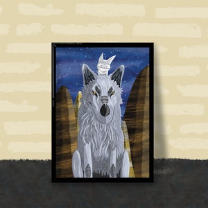 May include: A framed illustration of a grey wolf with a white cat sitting on its head. The wolf is surrounded by brown and gold mountains and a blue starry sky.