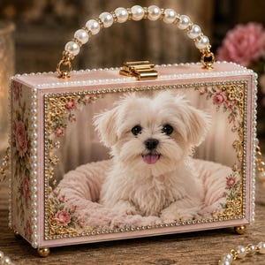 May include: A rectangular box-shaped handbag featuring a white dog resting on a pink cushion. The bag is decorated with a pearl-beaded handle, gold-tone metal hardware, and a border of small clear crystals and pink floral patterns on the sides.