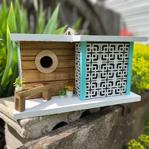 MODERN CHICK. Mid century, modern hand crafted cedar wood bird house