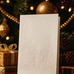 Simple classic but detailed hand made white embossed woods scene with snow Christmas winter cards