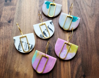 Multicolor Polymer Clay Dangle with Brass Accent/Teal/Magenta/Lime/White/Modern/Minimalist/Handmade/Lightweight/Statement Earrings
