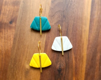 Textured Polymer Clay earring with Brass Bar accent/Teal/Yellow/Speckled White/Modern/Minimalist/Handmade/Lightweight/Earrings