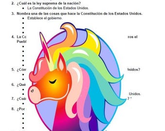 May include: A colorful image with text in Spanish. The text reads "128 Questions of Civics and History of the United States for the Citizenship Exam." A cartoon unicorn with a rainbow mane and horn is featured.
