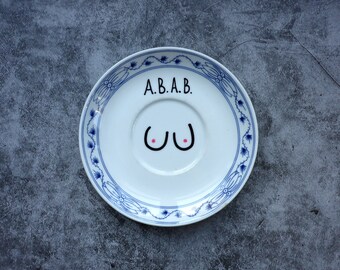 Handpainted Wall Plate, Onion Pattern, Vintage Plate, Sustainable Decor, Wall Decor for Girls, Feminism, All Boobs Are Good Boobs, Girls