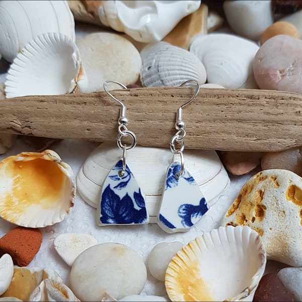 Norfolk Sea Pottery Earrings. Eco Friendly. Sustainable Jewellery. Hand made in Norfolk. Blue and White china.