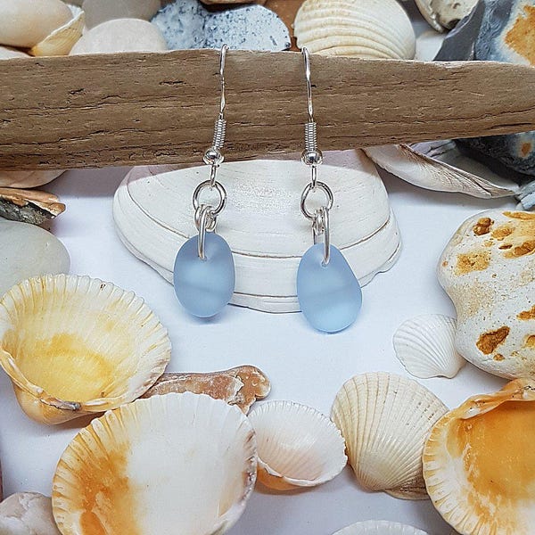 Blue Sea Glass Earrings: Suffolk Beach Glass, Coastal Jewelry.