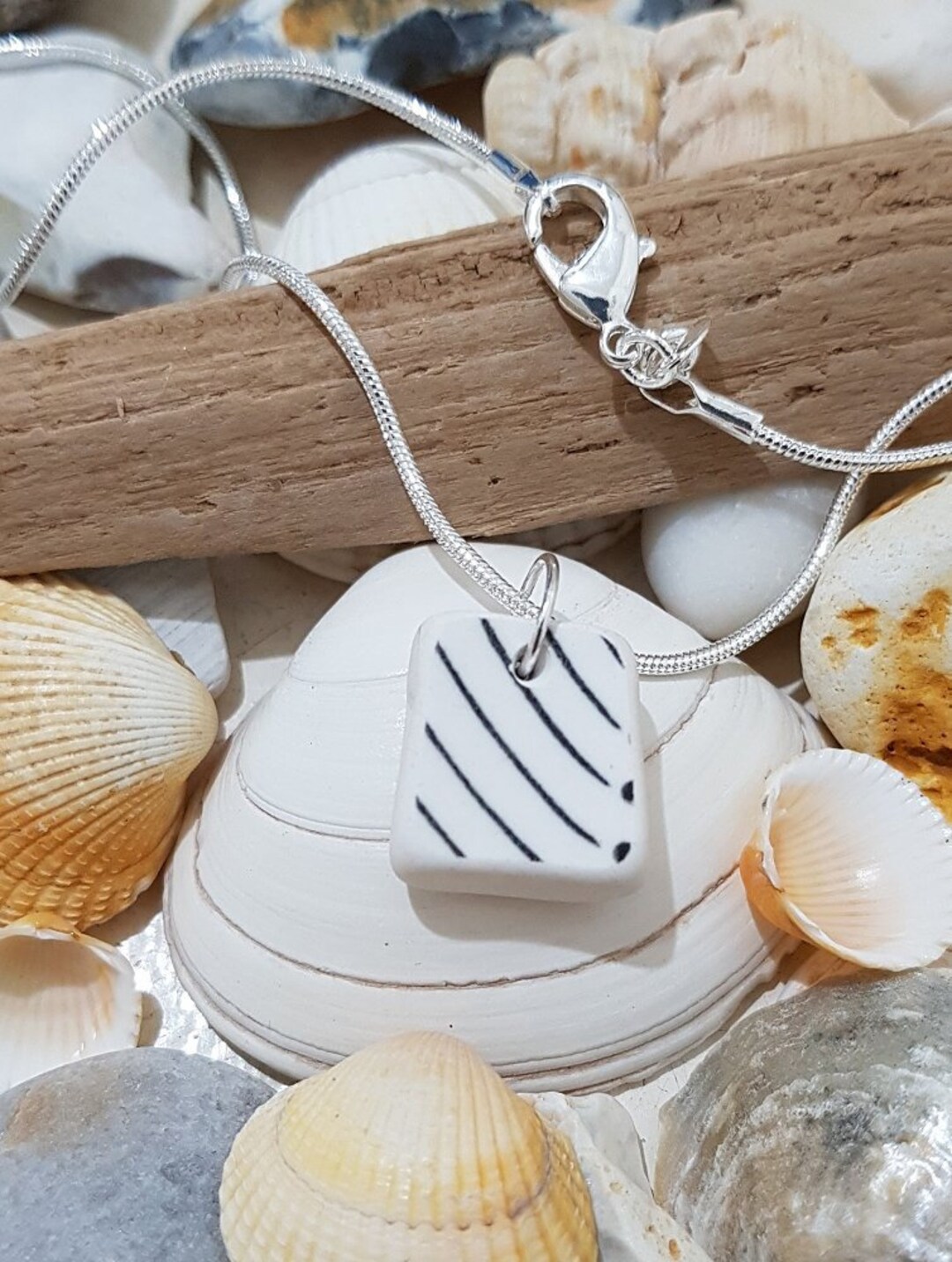 Suffolk Sea Pottery Pendant Necklace Black White Stripe Handmade Wire