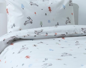 Påslakanset i ekologisk bomull för barn, småbarn | Bäddset för baby och småbarn | Skogsmarkskanin | Påslakanset, örngott | 120 x 150 cm. 47 x 59