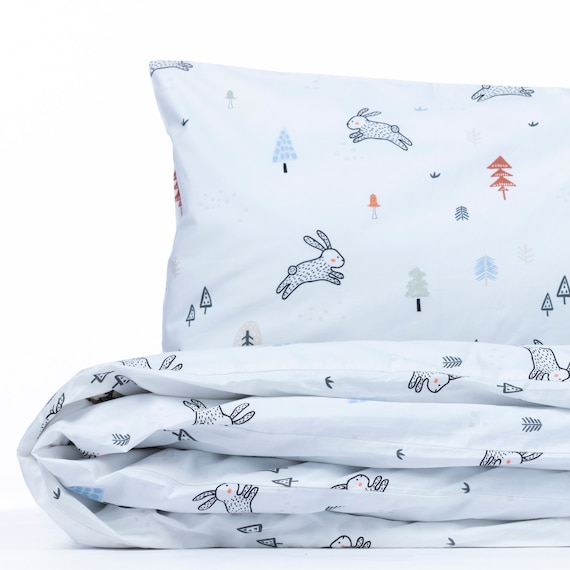 Organic Cotton Toddler Duvet Cover Set: Bunny Print Crib Bedding