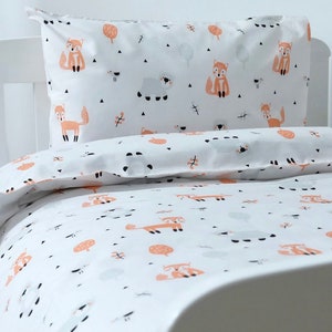 120x150 cm Kids Toddler 100% Organic Cotton Duvet Cover & Pillow Case Set |  Fox Bear Design |Toddler Bedding | Nursery Bedding Set. 47 x 59