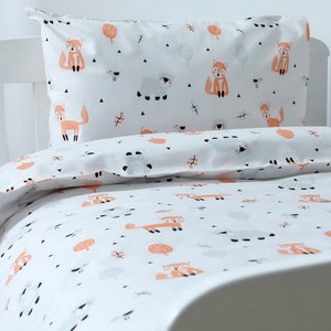 120x150 cm Kids Toddler 100% Organic Cotton Duvet Cover & Pillow Case Set |  Fox Bear Design | Unisex Toddler Bedding | Nursery Bedding Set