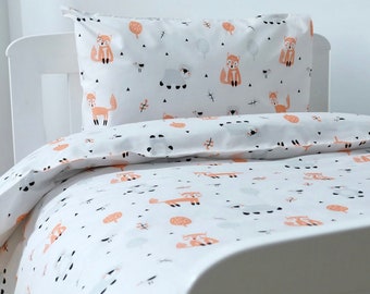 120x150 cm Kids Toddler 100% Organic Cotton Duvet Cover & Pillow Case Set |  Fox Bear Design | Unisex Toddler Bedding | Nursery Bedding Set