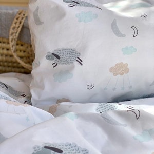 Pure Organic Cotton Toddler Kids Duvet Cover & Pillow Case Bedding  Set | 120 x 150cm | Sleeping Sheep Design | Nursery Bedding Set