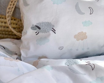 Organic Cotton Baby Toddler Kids Duvet Cover & Pillow Case Bedding Set |120 x 150cm | Sleeping Sheep Design | Nursery Bedding Set. 47 x 59