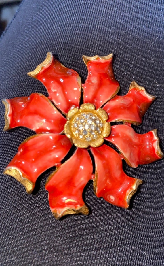 BSK Enamel Rhinestone Flower Vintage Brooch Pin