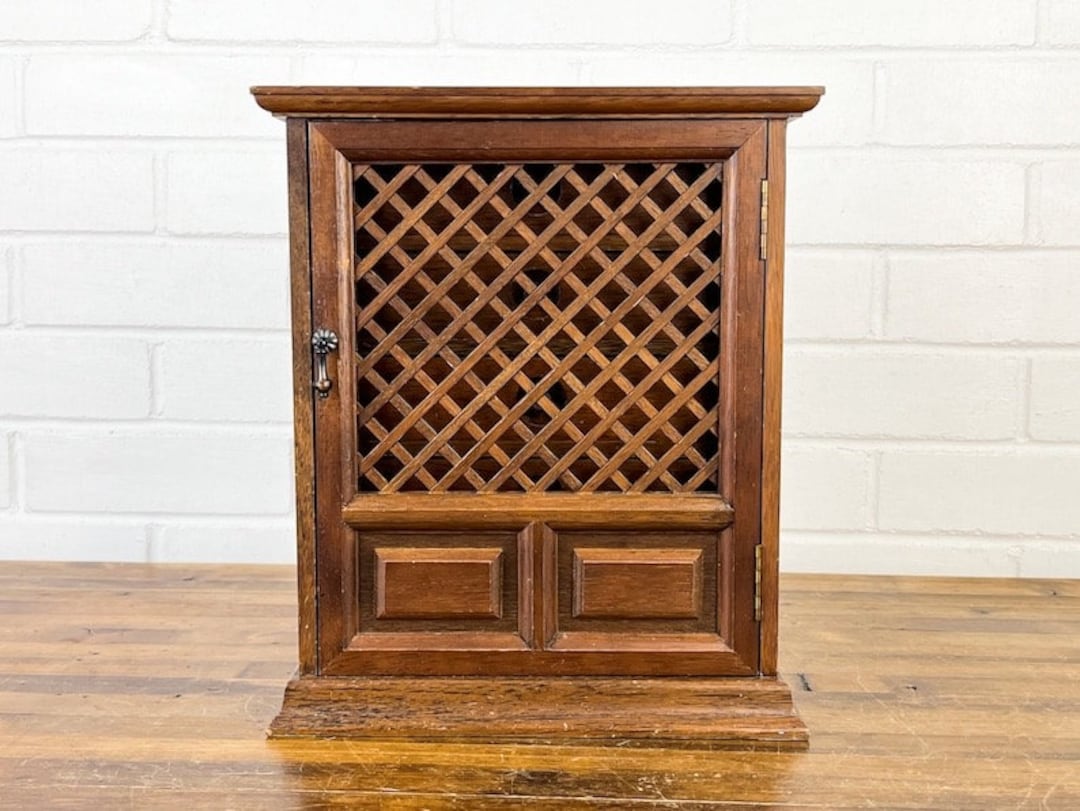 Wood Jewelry Box With Drawers and Lattice Door Authentic Vintage Criss