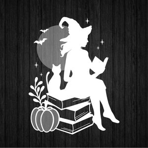 Witch Reading Books SVG PNG for Cricut and Silhouette, Halloween Template Svg, Halloween Clipart Svg, Witchcraft Books Svg, Witch Svg Png