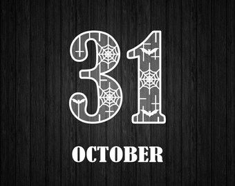 May include: White Halloween-themed graphic on a dark wood grain background. The number "31" is displayed with spiderwebs and bats. The word "OCTOBER" is written below the numbers.