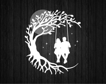 Pareja en columpio de árbol SVG PNG para Cricut y Silhouette, plantilla de pareja Svg, clipart de pareja Svg, niño niña Svg, día de San Valentín Svg, pareja Svg