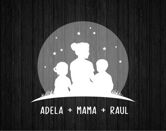 Mom with 2 Kids Moon Frame SVG PNG for Cricut and Silhouette, Mother's Day Template Svg, Mom with Children Svg, Mother's Day Clipart Svg