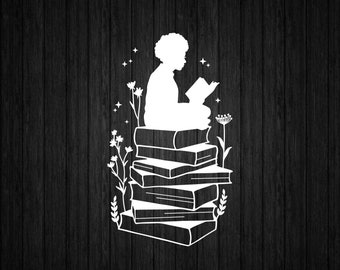 Girl Reading SVG PNG for Cricut and Silhouette, Girl Book Lover Svg, Woman Reading Svg, Book Lover Svg, Book Stack Svg, Love Reading Svg