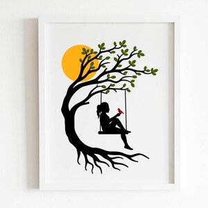 Niña con pájaro y columpio en el árbol SVG PNG para Cricut y Silhouette, Niña en columpio Svg, Columpio en árbol Svg, Nombre de niña Svg, Mujer en columpio en árbol Svg imagen 5