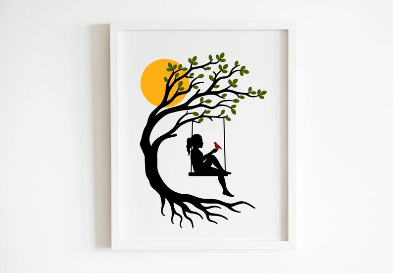 Niña con pájaro y columpio en el árbol SVG PNG para Cricut y Silhouette, Niña en columpio Svg, Columpio en árbol Svg, Nombre de niña Svg, Mujer en columpio en árbol Svg imagen 5