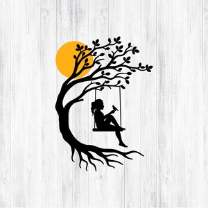 Niña con pájaro y columpio en el árbol SVG PNG para Cricut y Silhouette, Niña en columpio Svg, Columpio en árbol Svg, Nombre de niña Svg, Mujer en columpio en árbol Svg imagen 8