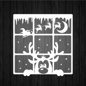 Renne de Noël fenêtre carte SVG PNG pour Cricut et Silhouette, Svg de paysage de Noël, Svg de fenêtre hiver, renne Silhouette Svg