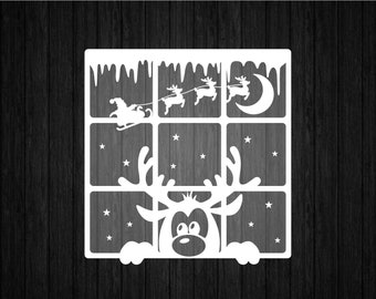 Christmas Reindeer Window Card SVG PNG for Cricut and Silhouette, Christmas Scenery Svg, Winter Window Svg, Reindeer Silhouette Svg