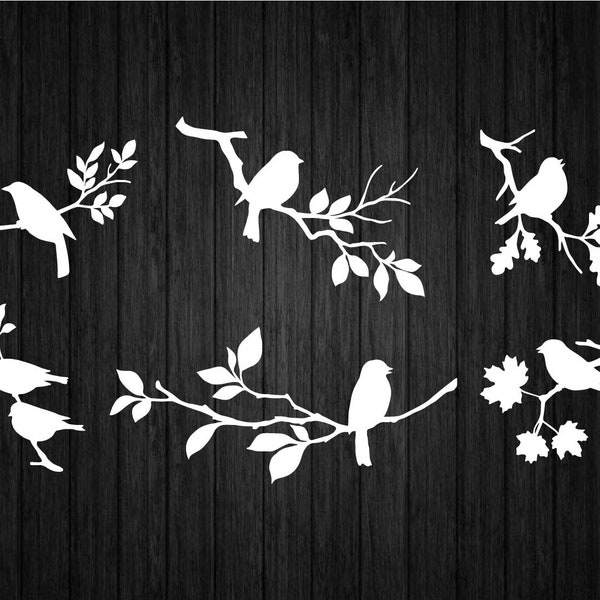 6 Branch Birds Bundle SVG PNG for Cricut and Silhouette, Scrapbook Birds Card Template