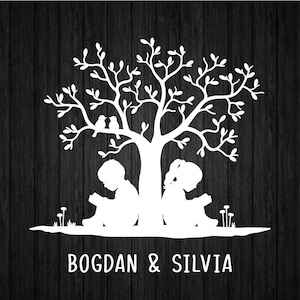 Bambini che leggono sotto l'albero SVG PNG per Cricut e Silhouette, lettura Svg, libri Svg