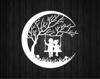 Columpio de árbol para 2 niños bajo la luna SVG PNG para Cricut y Silhouette, Columpio de árbol Svg, Mejores amigos Svg, Hermanos Svg, Hermano hermana Svg