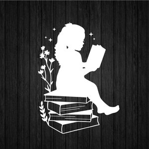 Girl Reading SVG PNG for Cricut and Silhouette, Book Lover Svg, Love Reading Svg, Book Stack Svg, Books Template Svg, Books Clipart Svg