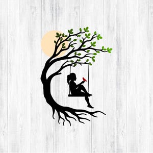 Niña con pájaro y columpio en el árbol SVG PNG para Cricut y Silhouette, Niña en columpio Svg, Columpio en árbol Svg, Nombre de niña Svg, Mujer en columpio en árbol Svg imagen 7