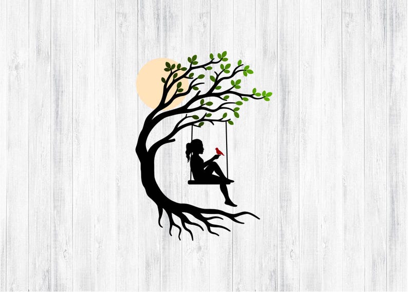 Niña con pájaro y columpio en el árbol SVG PNG para Cricut y Silhouette, Niña en columpio Svg, Columpio en árbol Svg, Nombre de niña Svg, Mujer en columpio en árbol Svg imagen 7