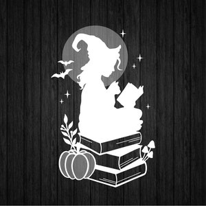Hexe und Katze lesen SVG für Cricut und Silhouette, Hexe Vorlage geschnitten, Halloween Kunst, Hexerei Bücher Kunst, Halloween T-Shirt Kunst,