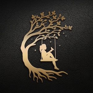 Puede incluir: Una silueta dorada de un &aacute;rbol con una persona sentada en un columpio, sosteniendo un p&aacute;jaro. El fondo es una superficie oscura y texturizada.