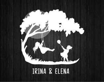 Columpio de árbol para dos hermanas SVG PNG para Cricut y Silhouette, Columpio de árbol para niñas Svg, Plantilla de hermanas Svg, Clipart de hermanas Svg, Camiseta de hermanas Svg