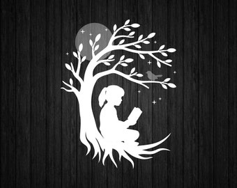 Girl Reading Under The Tree SVG PNG for Cricut and Silhouette, Book Lover Svg, Love Reading Svg, Books Template Svg, Books Clipart Svg