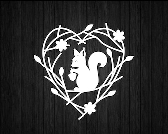 Squirrel in Heart Frame SVG PNG for Cricut and Silhouette, Squirrel Nest Svg, Flower Nest Svg, Squirrel Template Svg, Squirrel Clipart Svg